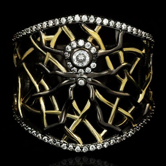 Gothic Spider Black Gold Ring 925 Silver Arachnid Statement Cocktail Siz… - Picture 1 of 5